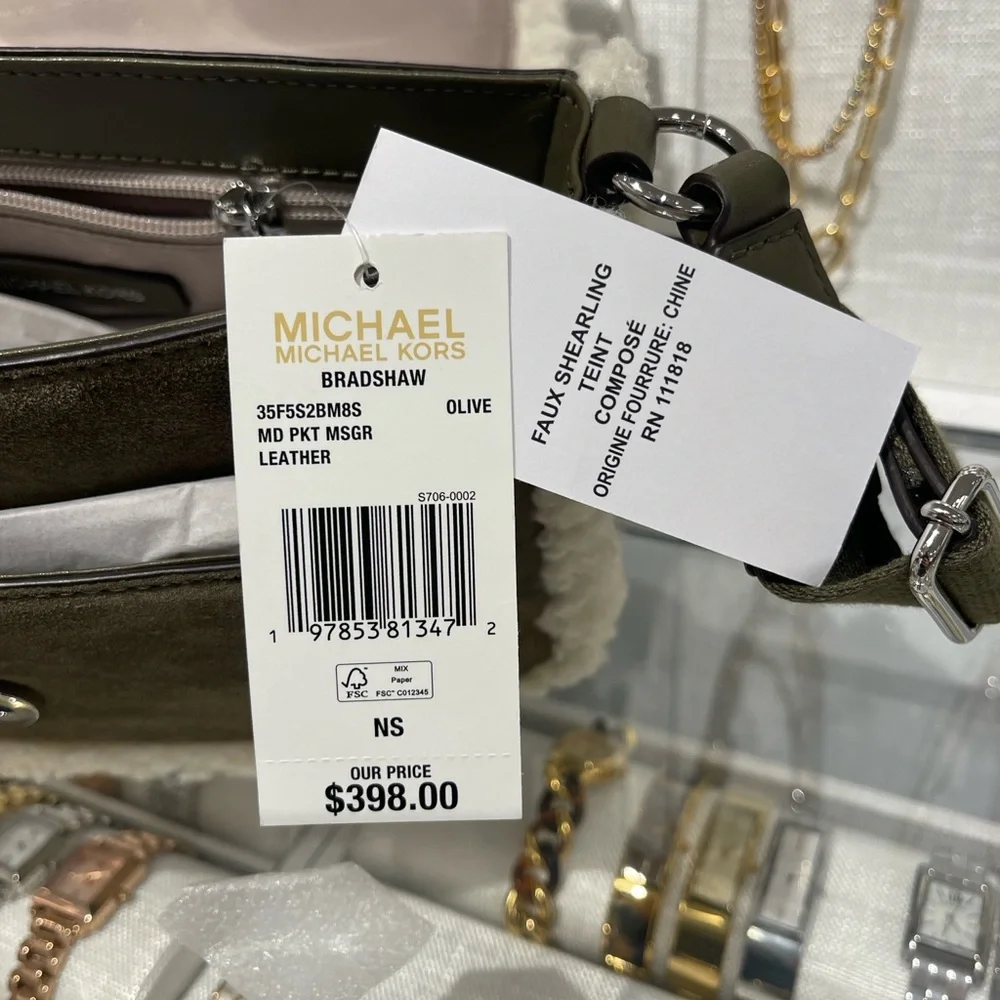 MICHAEL KORS Bradshaw Medium Suede and Faux Shearling Messenger Bag Olive  NWT
